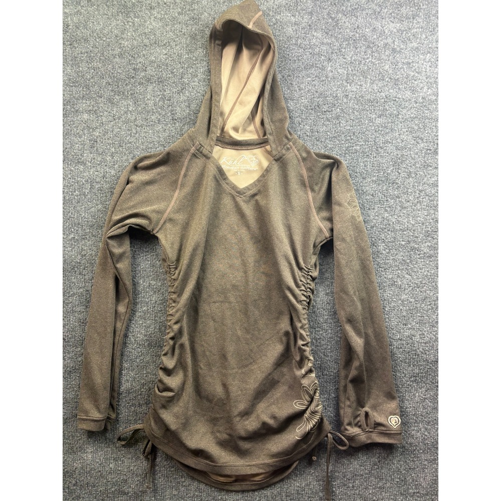 Kuhl Hoodie Women S Brown V-Neck Ruched Side Cinch Floral Embroidery 67259